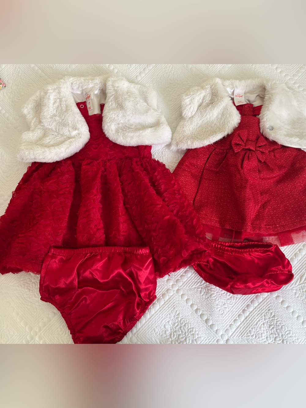 Cat & Jack Red Holiday Dress Sets with White Faux Fur Shrugs (bundle)